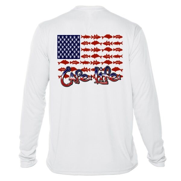 $18.99 White long sleeve with colored flag UPF 40 performance